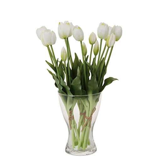 cn-Knight 20 fiori di tulipani artificiali, 40 cm, con foglie finte, tulipani finti e boccioli per decorazione della casa, centrotavola ornamento bouquet da sposa, bianco