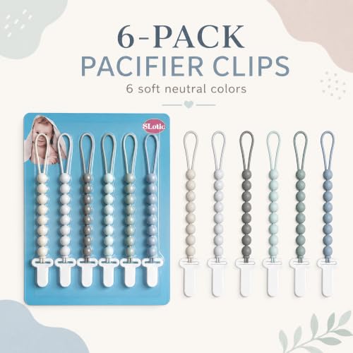Image of 6 Pack Neutral Silicone Pacifier Clips for Boys and Girls, One Piece Beads Pacifier Clip Set with Durable Plastic Clip, Neutral Baby Pacifier Holder Set