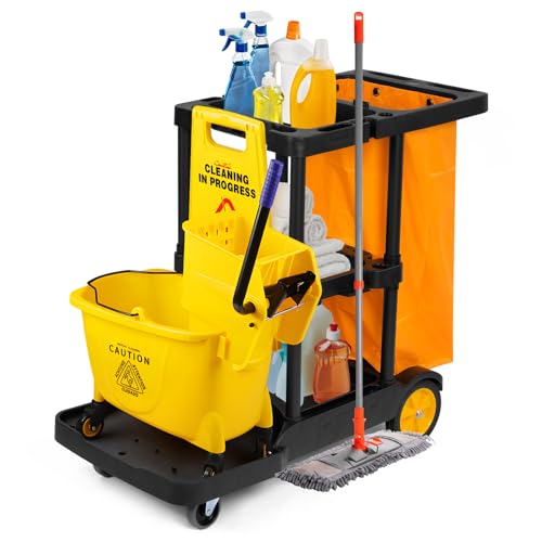bimiti Carrito de limpieza comercial, carrito de servicio de gran capacidad, bolsa Oxford utilitaria, diseño de gancho lateral y ruedas giratorias