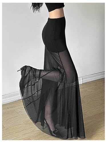 GORGLITTER Women's Ruffle Long Skirt Mesh Sheer Elegant Bodycon Coquette See Through Maxi Skirts3