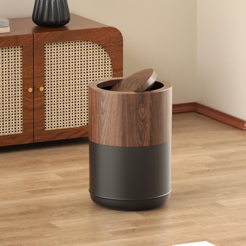 Image of 3.1 GAL Modern Metal Trash Can with Realistic Wood Texture,Built-in Bag Holder,Flip Lid,Small Bathroom Garbage Can for Bathroom,Home,Office,Living Room (3.1gal Swing lid)