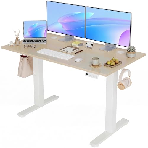 Image of YDN Electric Standing Desk Adjustable Height, 48 x 24 Inches Sit Stand up Desk with Memory Presets & Cable Management, Home Office Desk for Office & Computer Workstation, White Frame /Nature Top