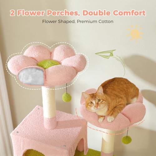 Image of PAWZ Road Flower Cat Tree, 72 Inches Large Cat Tower with Steel Frame Hammock and 7 Scratching Posts, Tall Cat Tree with 2 Condos and Perches for Large Indoor Cats - Pink
