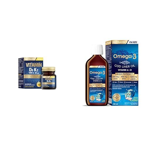 Nutraxin D3K2 120 Tablet - 1000 Iu D3 Vitamini, 25 Mcg K2 Vitamini + Nutraxin Omega-3 for Kids 150 ml