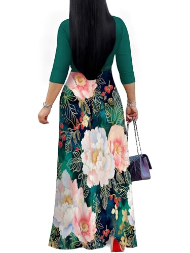 Image of SUZONANA Plus Size Dresses for Women Floral Print Maxi Dress Flowy 3 /4 Sleeve with Belt