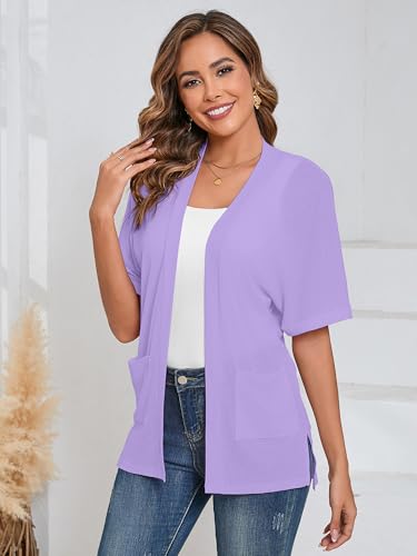 Image of Heymoments Women's Lightweight Open Front Cardigans Short Sleeve Casual Soft Knit Cardigan Sweaters with Pocket S-2XL