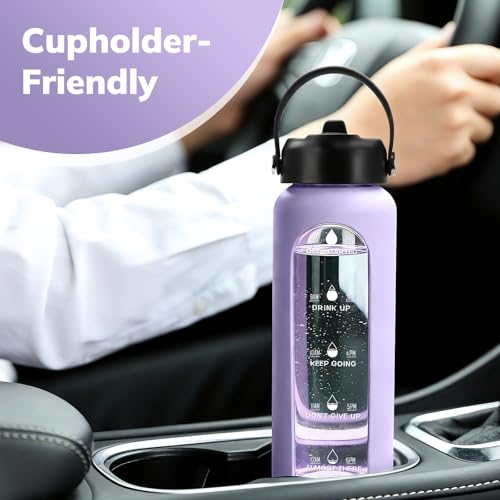 Image of Aqulea 32 oz Glass Water Bottle with 2 Lids - Spout & Straw Lids, 1L Motivational Borosilicate Glass Water Bottle with Time Marker & Silicone Sleeve, Leakproof (Purple)