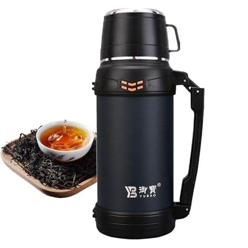 Vaso aislado con asa, vaso de acero inoxidable, vaso al vacío, gran capacidad (1200 ml/1600 ml/2000 ml), tapa a prueba de fugas, correa ajustable, ideal para bebidas frías y calientes, café