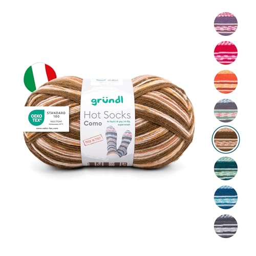 Gründl Wolle Hot Socks Como 4-fach - Sockenwolle für 1 Paar Socken - Sockengarn - Weich und hautfreundlich - 75% Schurwolle, 25% Polyamid - 1 Knäuel 100 g / 420 m -Nadelstärke 2,5-3 - walnuss-weiß