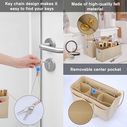 Hejo Handtaschen Organizer, Filz Taschenorganizer, Taschen Organizer Shopper, 27 × 16 × 15 cm Multi-Pocket Handtasche Innentasche für Damen Mädchen (Beige, M)