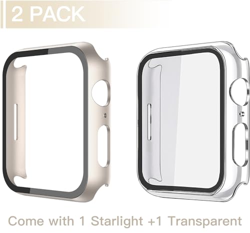 Image of Misxi Screen Protector Case for 44mm Apple Watch SE3 /SE2 /SE /Series 6 /5 /4 | 2-Pack Cover with Tempered Glass for SE3 /SE2 /SE /Series6 /5 /4, Scratch Resistant Sensitive Touch, 1 Starlight + 1 Transparent
