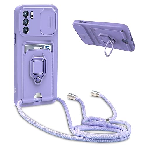 Cover Compatibile con Oppo Reno 6 5G con Cordino,Custodia con Cordino Silicone Cover,Protezione Fotocamera,360°Anello Supporto,Porta Carte,Viola