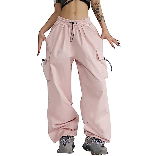 Women's Fashion Cargo Pants Parachute Pants with 4 Pockets High Rise Elastic Streetwear Baggy Casual Summer (Pink, XL)
