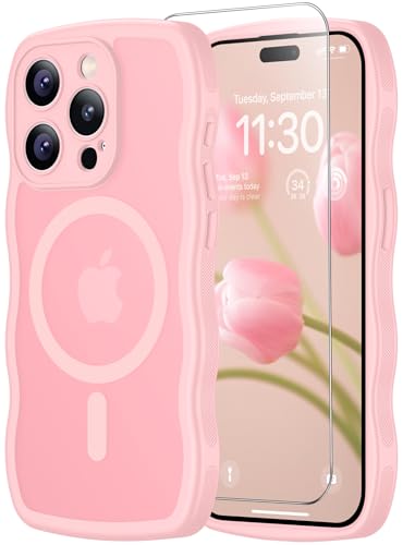 SPIDERCASE Magnetic for iPhone 15 Pro Case [Curly Wave Edge] with [2 Tempered Glass Screen Protector] [Full Camera Protection] Anti-Fingerprint Anti-Scratch Phone Case Pink