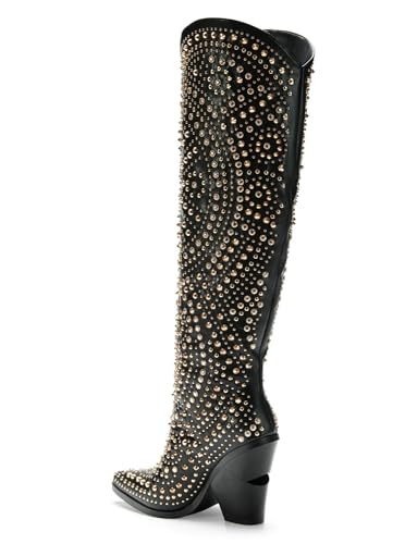 Women's Texas Studded Western Boot - Chunky Heel Cowgirl Knee-High Boot - Black, 73