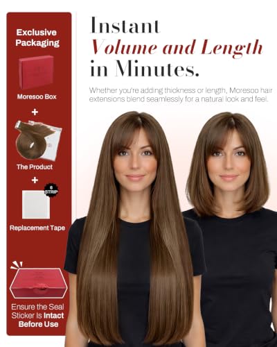 Image of Moresoo Chestnut Brown Invisible Tape Ins Extensions 22in 10Pcs 25g | Tape extensions human hair, flat tabs, long layered strands for braids, wedding guest looks and formal event styling