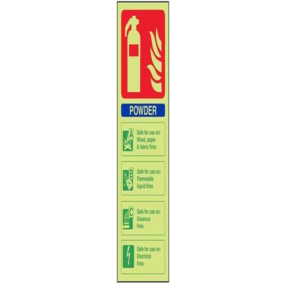 V Safety Glow In The Dark Powder Id Fire Extinguisher Sign - 100mm x 280mm - Self Adhesive Vinyl