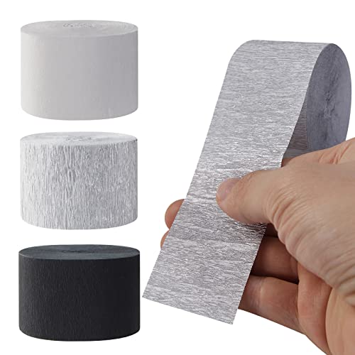 Image of Black White Silver Party-Decorations Streamers - 9 Rolls Graduation Men Boys Birthday Crepe Tissue Paper Streamer Banner, Wedding Baby Bridal Shower New Years Garland Decor Panduola