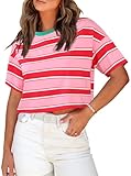 SOFIA'S CHOICE Women's Striped Crop Top Summer Casual Loose Short Sleeve T Shirt Ringer Tee Black Striped X-Large