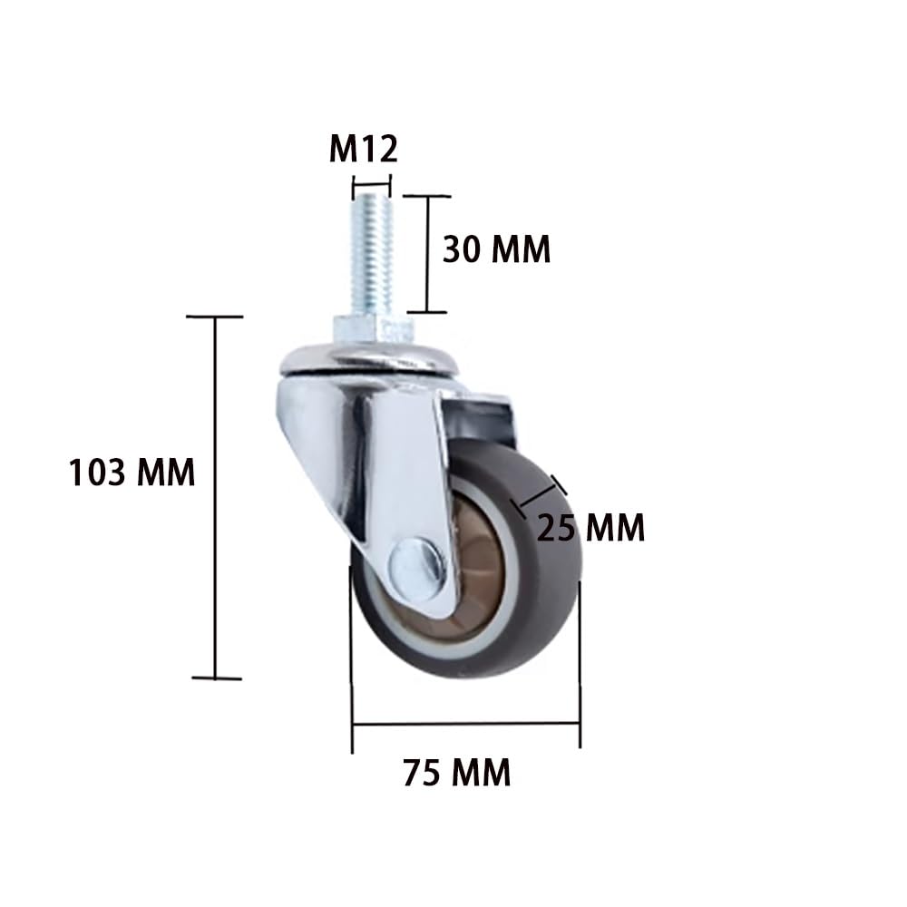 4 Pezzi TPR Ruote in Gomma, 3 Pollice Ruote Pivottanti, M12 Stelo Filettato Ruote con Freni per Carrelli, Mobiletti, Mobili(Swivel)
