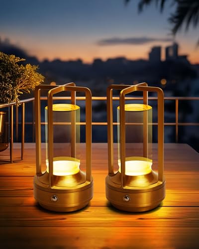 Jinchangming Set of 2 Cordless Table Lamps LED Rechargeable Battery Operated Desk Lamps with 3 Color Stepless Dimmable Small Light Portable for Outdoor Patio Bar Restaurants Bedroom Bedside (Gold)