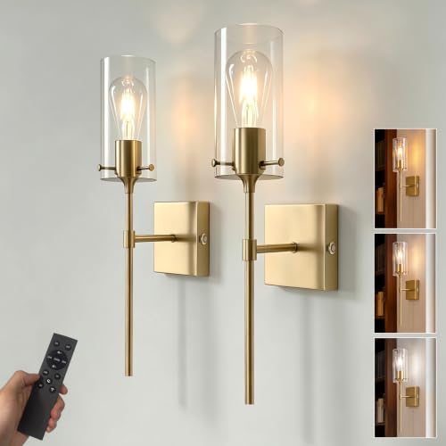 Image of Battery Operated Wall Sconce Set of 2,Dimmable 3 Colors,Gold | Rechargeable Wall Lights with 8000mAh Dimmable Bulbs and Remote, Wireless Wall Lamps for Bedroom Living Room Hallway Decor