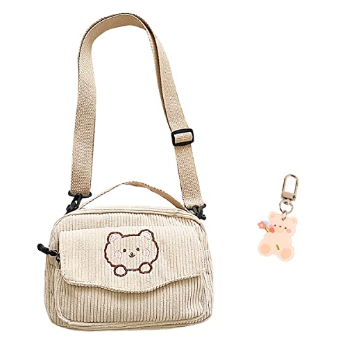Cute Bags Kawaii Purse Wallets Aesthetic Small Corduroy Crossbody Bag with Bear Keychains Kawaii Gift for Women Teen Girls