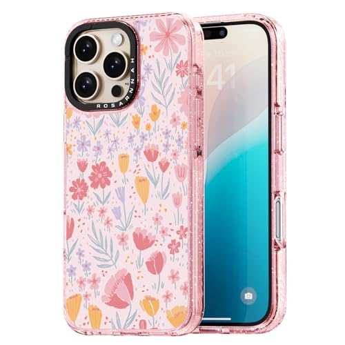 Coque iPhone 16 Pro rose pailleté Rosarnnah avec motif floral mignon 6,3 pouces