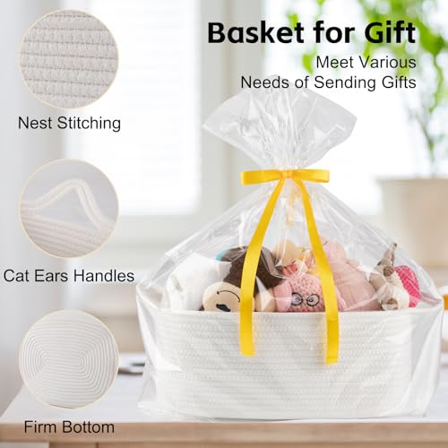 Image of OIAHOMY 19L Woven Basket, Gift Basket Empty with Gift Bags and Ribbons, Rope Baskets for Baby Showers, Storage Baskets with Handles for Nursery, Pet Toy Organizer - White