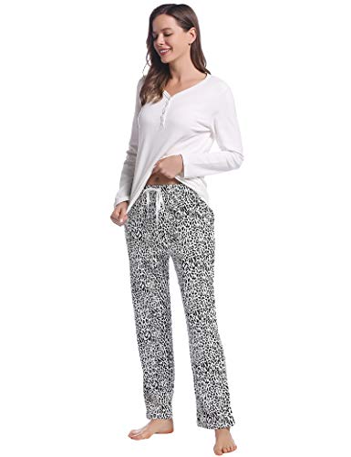 Joyaria Full Sleeve Pajamas Pj Sets Women 100% Cotton Long Pants Winter Thick Cozy Sleepwear Set Plus Size (White Cheetah, 2Xl) #TOP5
