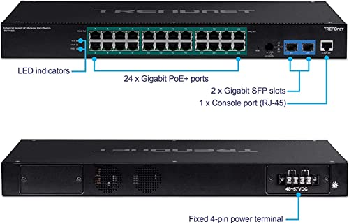 Image of TRENDnet 26-Port Industrial Gigabit L2 Managed PoE+ Switch, TI-RP262i, 1U 19 inch Rackmount, 24 x Gigabit PoE+ Ports, 2 x SFP Slots (100 /1000Base-FX), IP30, VLAN, QoS, 685W PoE Power Budget, Fanless