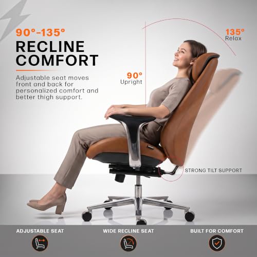Image of DROGO Amara Ergonomic Office Chair for Work & Home- Luxury Semi-Silicone Leather, 5cm Seat Depth Adjustment, Curved Headrest, PU Aluminium Armrest, 135 Recline with 3 Lock Positions, Footrest (Tan)
