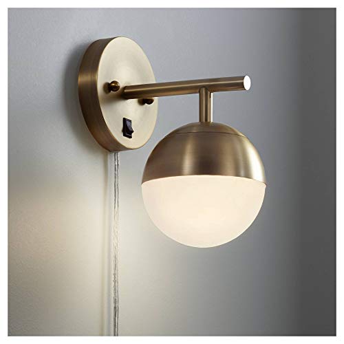 Luna Mid Century Modern Indoor Wall Mount Lamp Antique Brass Plug-in Light Fixture Frosted Glass Globe Shade for Bedroom Bedside House Reading Living Room Home Hallway Dining - 360 Lighting