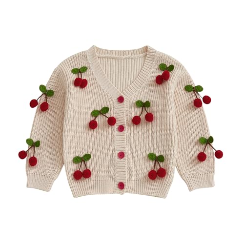 Toddler Girls Cardigan Sweater Cherry Decor V-Neck Button-Down Long Sleeve Knitted Tops Crochet Jacket