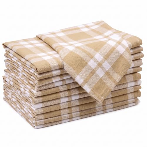 Image of Encasa XO Dining Table Napkins Set of 12, 50x50 cm | Machine Washable Reusable, Recycled Cotton Cloth Napkin, Soft & Absorbent, Table Decor for Hotels, Farmhouse - White & Franca Beige Checks