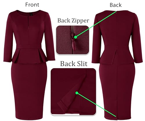 Image of VFSHOW Womens Wear to Work Front Zipper V Neck Peplum Business Office Church Flattering Pencil Sheath Dress