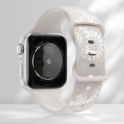 Image of Sunflower Engraved Band Compatible with Apple Watch Bands 38mm 40mm 41mm 42mm 44mm 45mm 49mm Women, Designer Soft Glossy Floral Silicone Strap for iWatch Series Ultra 11 10 9 8 7 6 SE 5 4 3 2 1