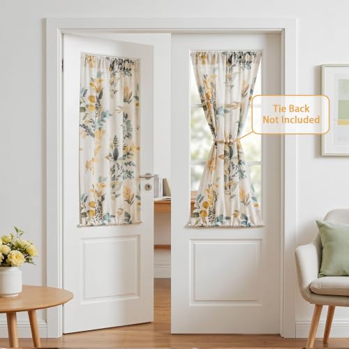Image of MYSKY HOME Floral Linen French Door Curtains 40 inch Long 2 Panels for Front Door Light Filtering Privacy Semi Sheer Window Curtains with Rod Pocket, Yellow and Blue, 24 inch W Each Panel