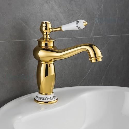 Image of BASSINO Small Size Brass Bathroom Sink Wash Basin Mixer Tap Single Handle Hot & Cold Waterfall Lavatory Sink Faucet for Living Room & Bathrooms (Gold)