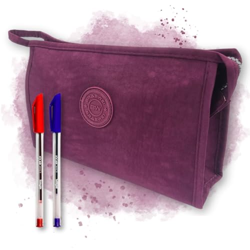 Estojo Grande Feminino Masculino Nylon Amassado + 2 Canetas 1 Azul e 1 Vermelha Menino Menina Escolar 100 Pens (Vinho)