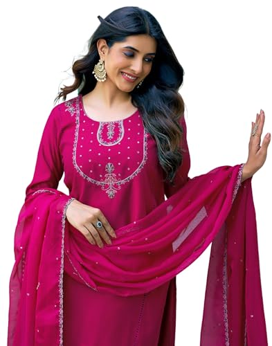 Image of SIRIL Women's Rayon Viscose Sequence Embroidery Work Straight Kurta Pant with Dupatta Set