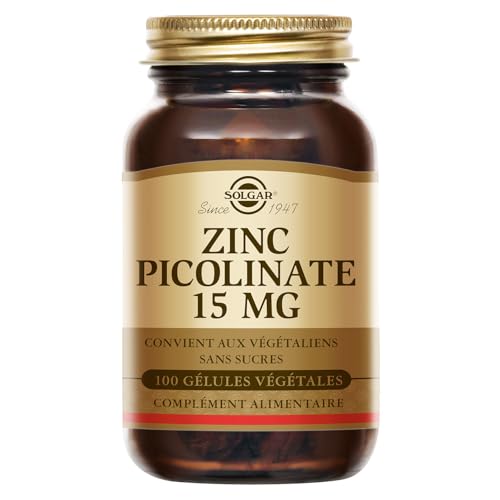 Solgar Zinc Picolinate 15mg - Défenses immunitaires - Zinc hautement assimilable - Nutriment Clé - Complément Alimentaire - Flacon de 100 gélules végétales