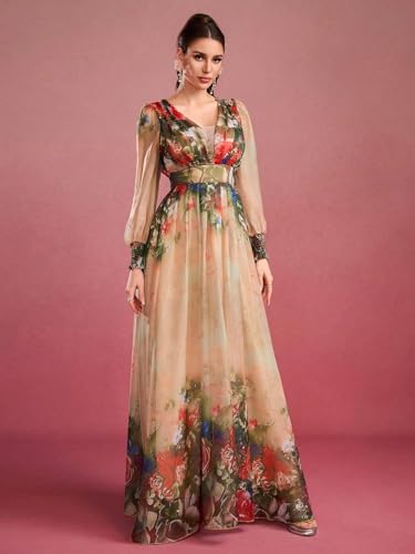 Image of TOLEEN Summer Casual Dresses for Women 2024 Spring Fashion Boho V Neck Long Sleeve Ruffle Floral Print Elegant Maxi Dress