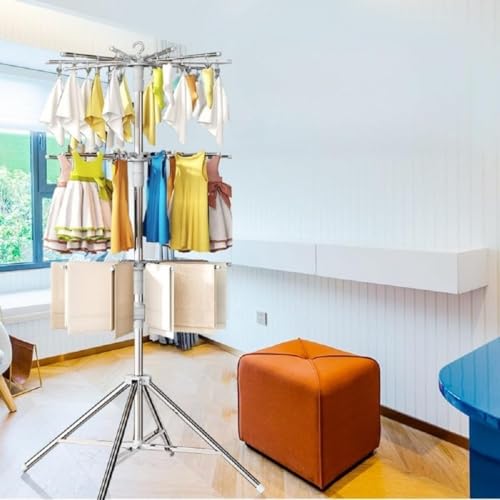 SENKAR 洗濯物干しスタンド 折りたたみ パラソル型 高さ調節 省スペース 室内用 家庭向け 安定四角 スリム収納 伸縮自在 ベランダ対応 タオルたくさん干せる (三層)