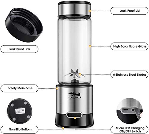 Goldfox Portable Blender, Usb Rechargeable Personal Blender For Shakes And Smoothies, 15Oz Detachable Portable Juicer Cup Small Fruit Juice Mixer For Travel, Gym, Office, Etc. (With Brush) #TOP2