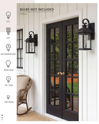 Image of FEMILA Dusk to Dawn Exterior Wall Sconce, 15 inch Front Porch Light Fixtures Wall Mount for Patio, Garage, Garden, UL Listed, Matte Black Water Ripple Glass, 4FD54B-PC BK-WP
