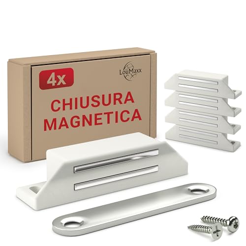 LouMaxx Chiusura Magnetica molto forte - Forza di Tenuta 8kg - Set di 4 Pezzi in Bianco - Magnete per Porte – Calamita Magnetica - Chiusura Magnetica per Armadi