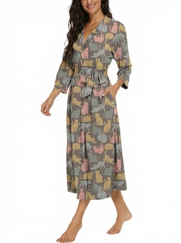 Image of VINTATRE Robes for Women Long Knit Bathrobe XS-4XL | 3 /4 Sleeve Bathrobes with Pockets, Stretchy and Lightweight Fabric, Inner Tie and Fixed Outer Matching Belt, Mid Calf Length