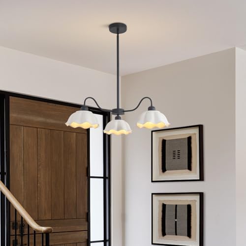 Image of 3 Light Mid Century Chandelier Fixture with White Ceramic Shade Contemporary Black Ceiling Pendant Light Semi Flush Mount Chandelier for Kitchens Living Room