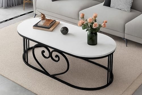 Image of CROWN ART SHOPPEE Oval Accent Metal Centre Table with Marble Look Coffee Tables with Engineered Wood Top and Metal Frame, Contemporary Table for Office, Bedroom, or Living Room Black White